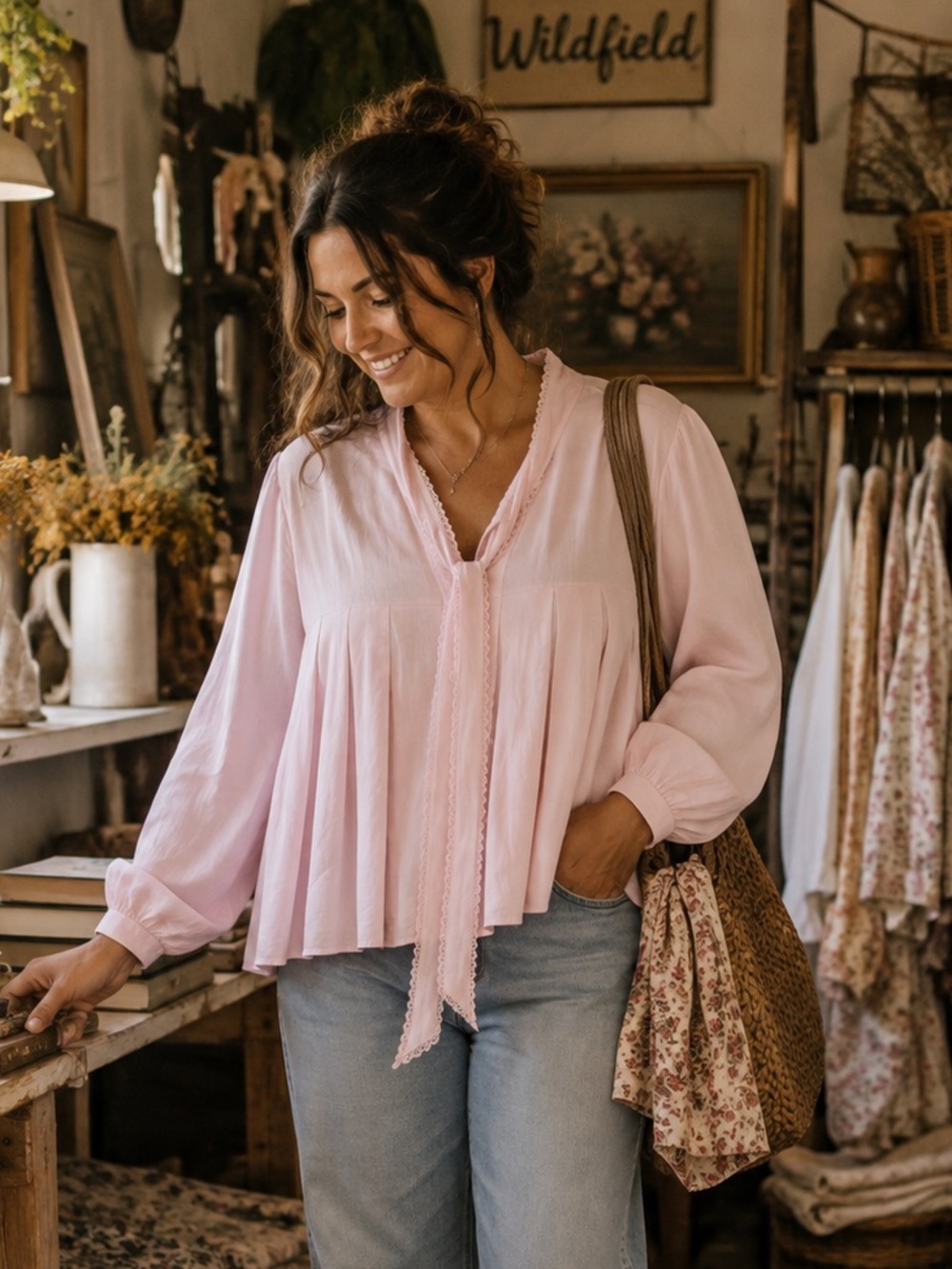 117.) Modern Identity /  Pink Tie-Neck Blouse - Cottagecore